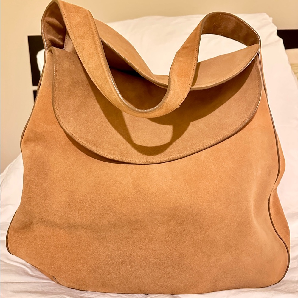 PRADA Suede Camel brown Flap-Top Medium shoulder bag purse golden logo hobo